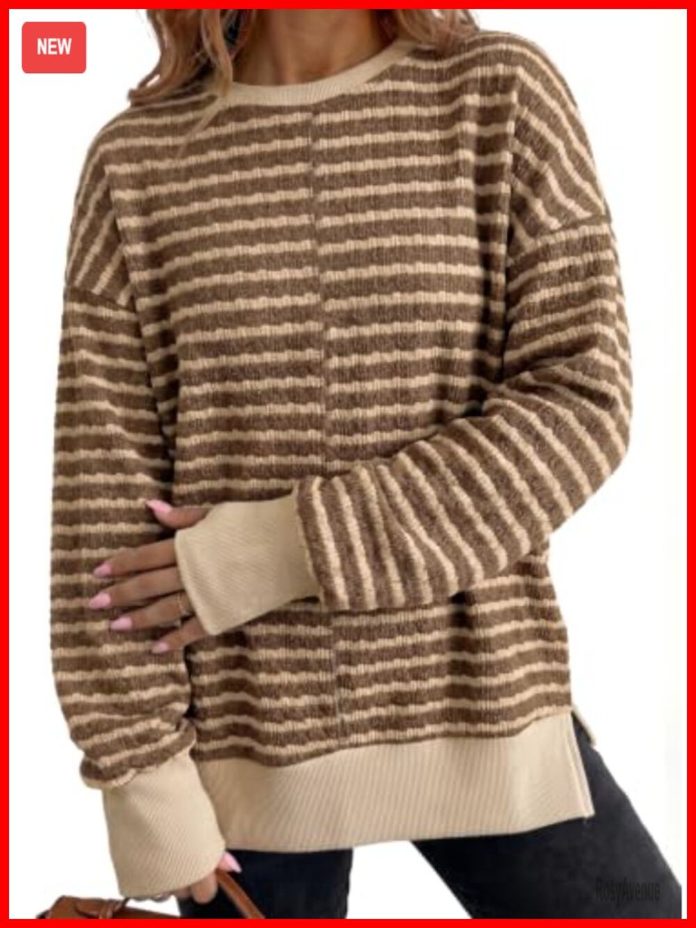 Womens Striped Side Slit Crew Neck Sweatshirt Long Sleeve Pullover Casual Top